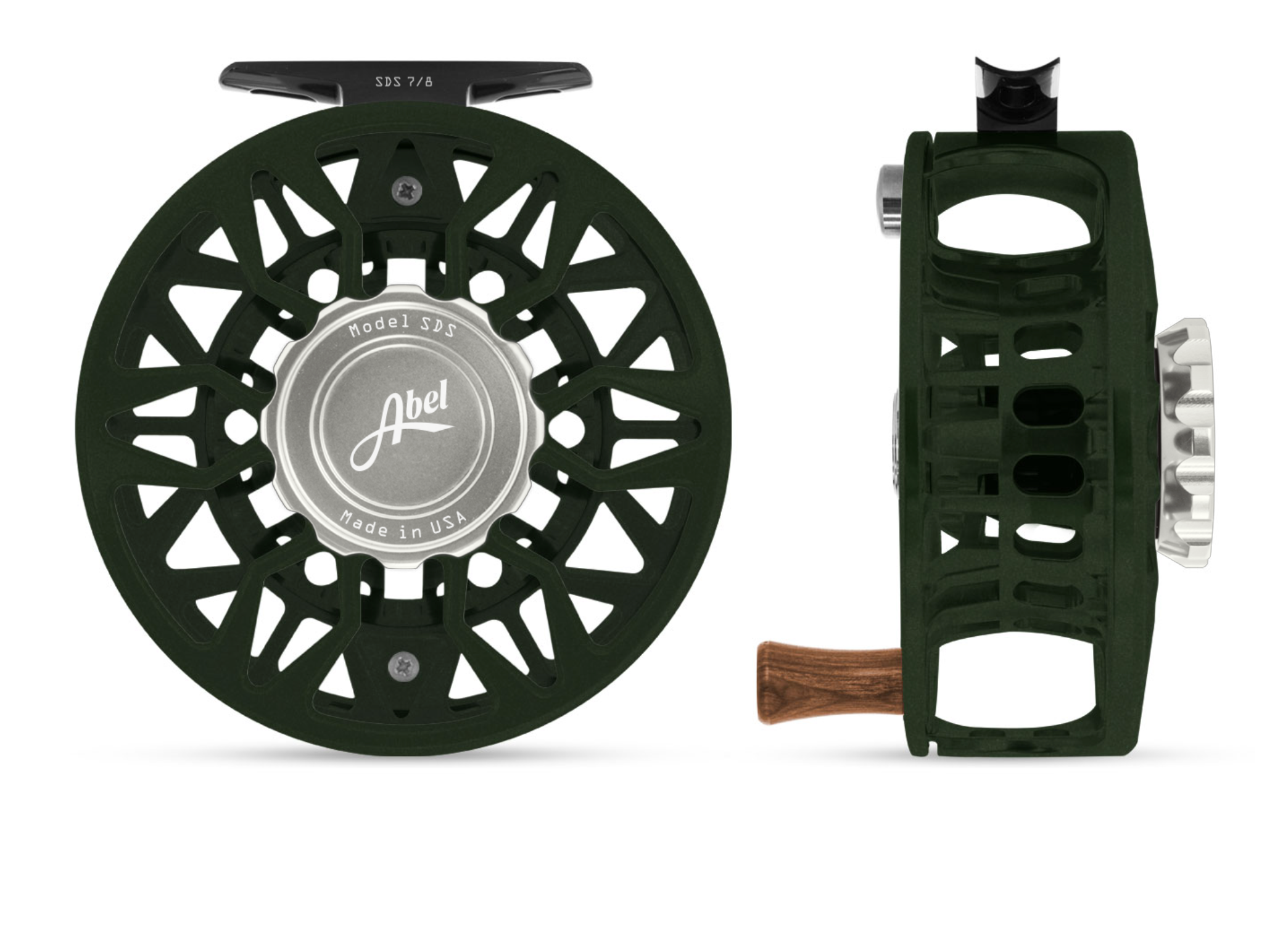 dark green fly reel Abel SDS Deep Green & Satin Platinum Fly Reels