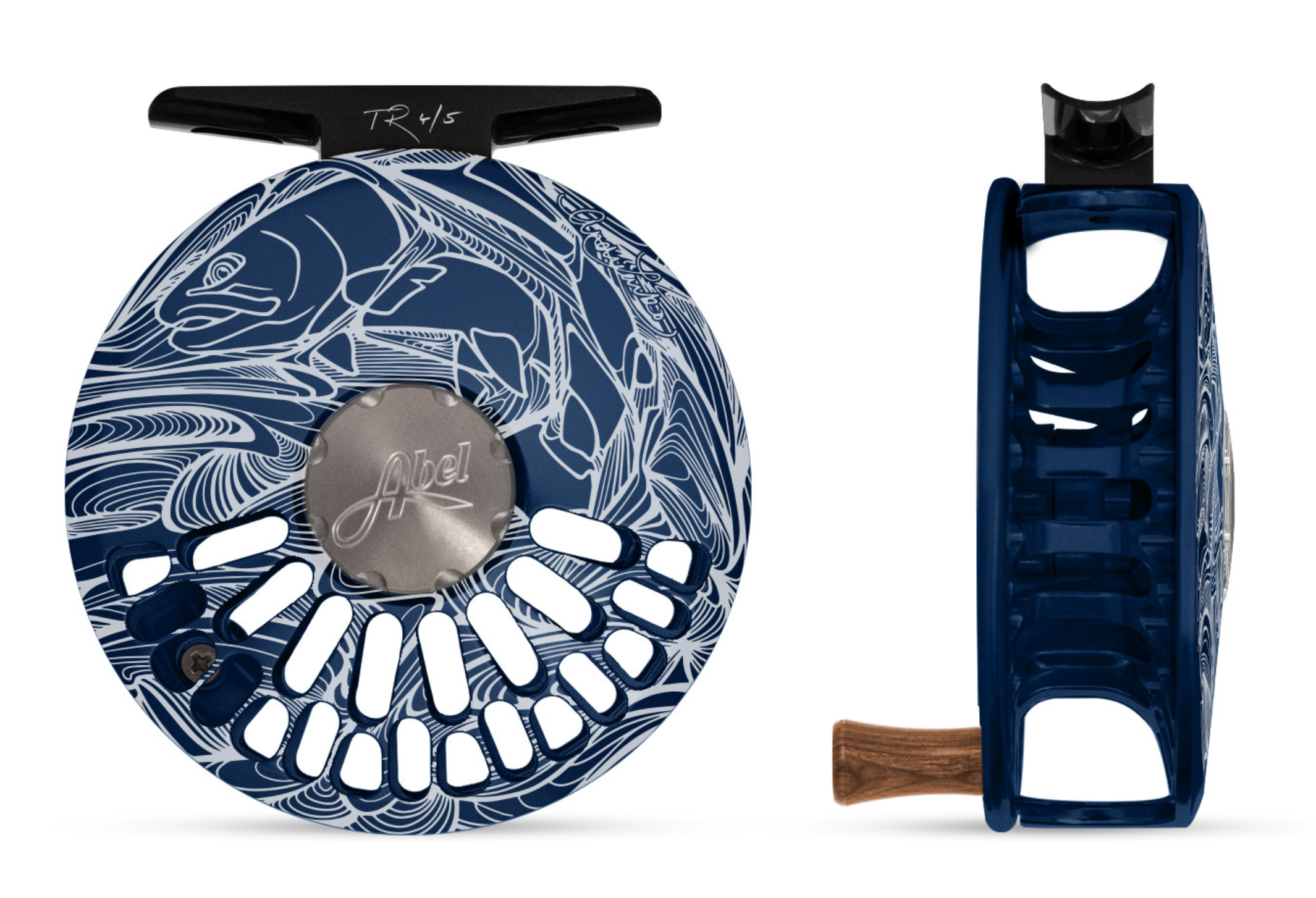 Abel TR in Satin Deep Blue with Larko Trout Engraving – Salt Fly Pro